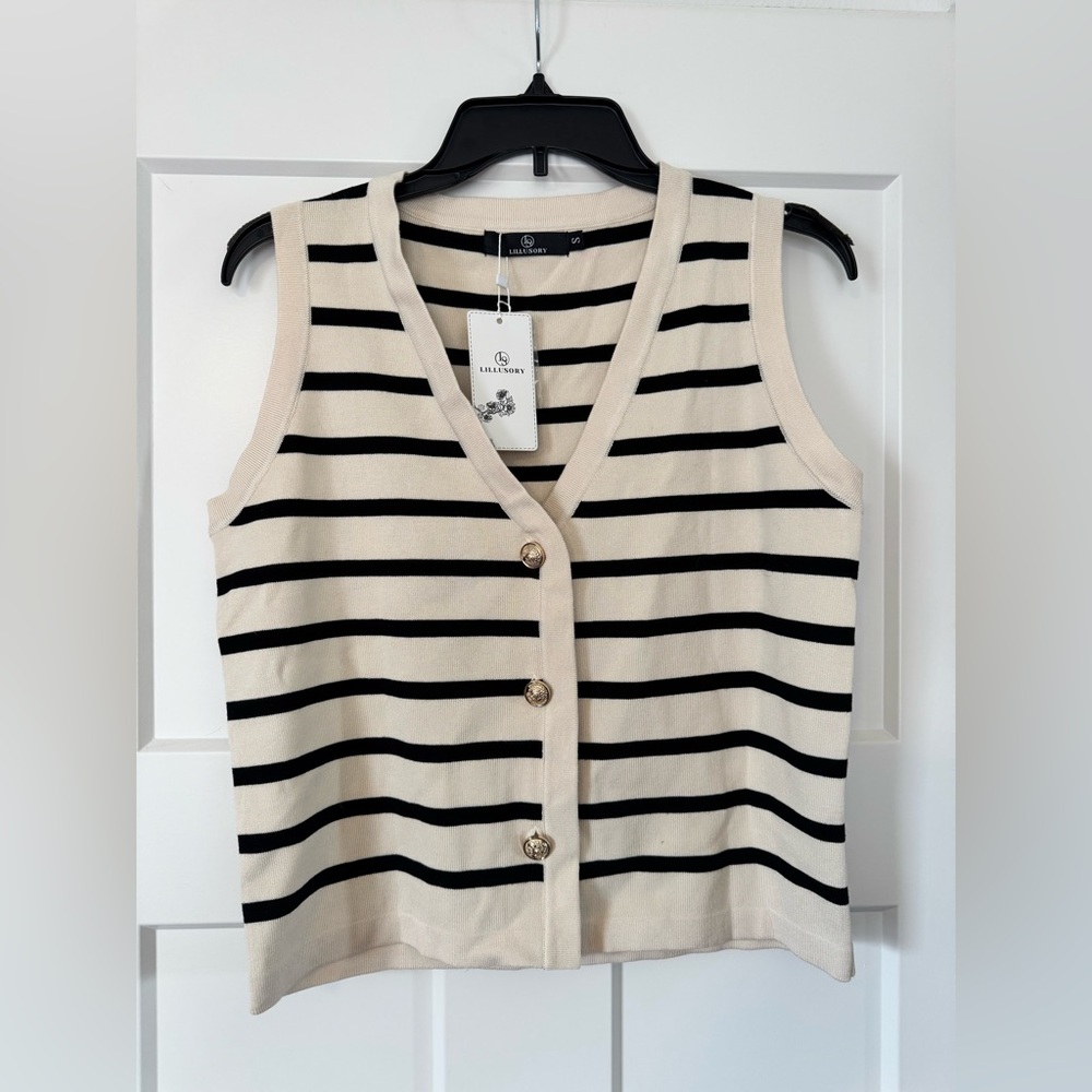 Sleeveless Striped Button-Front Knit Top - Cream/Black